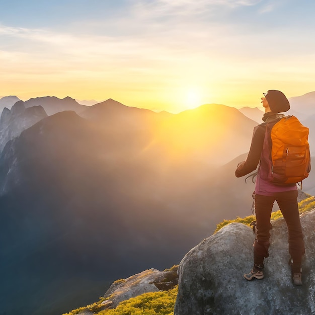 Turista nas montanhas ao pôr do sol