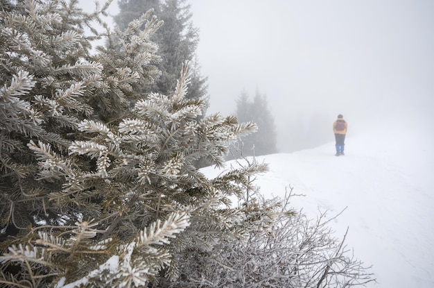 Turista nas montanhas nevadas