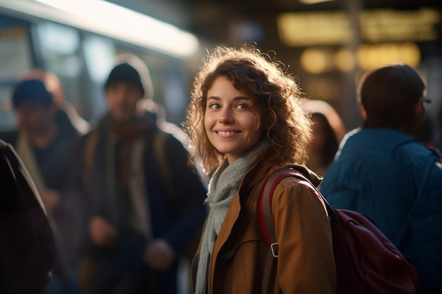 turista parada y sonriendo en una estación de tren llena de gente