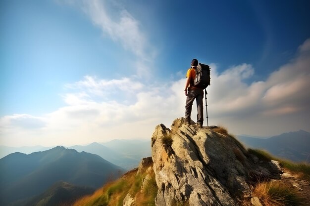 Turista en el pico de la montaña en un soleado día de verano vida activa y ocio concepto red neuronal