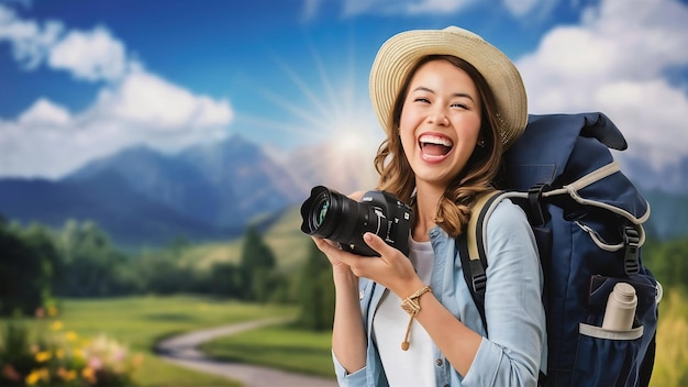 Foto turista positiva com câmara fotográfica e mochila de viagem