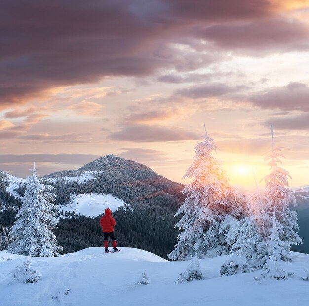 Turista en raquetas de nieve en las montañas