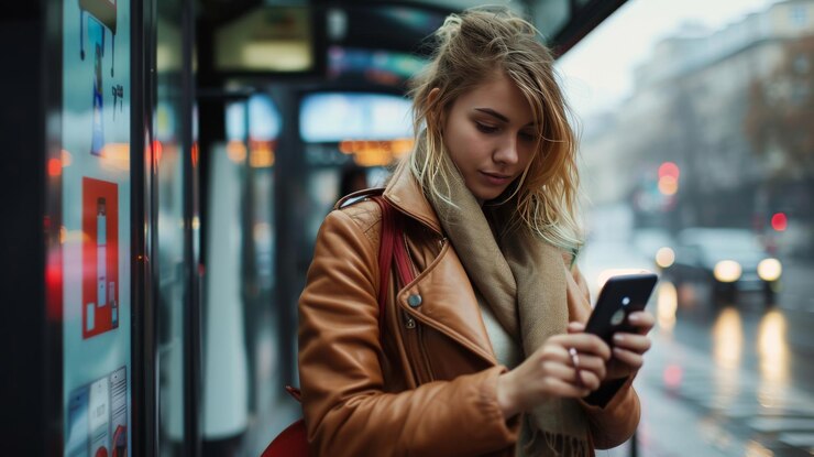 Una turista rubia esperando el transporte público en una parada de autobús