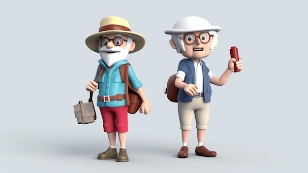 Turista senior masculino y femenino estilo de renderizado 3D generado por IA