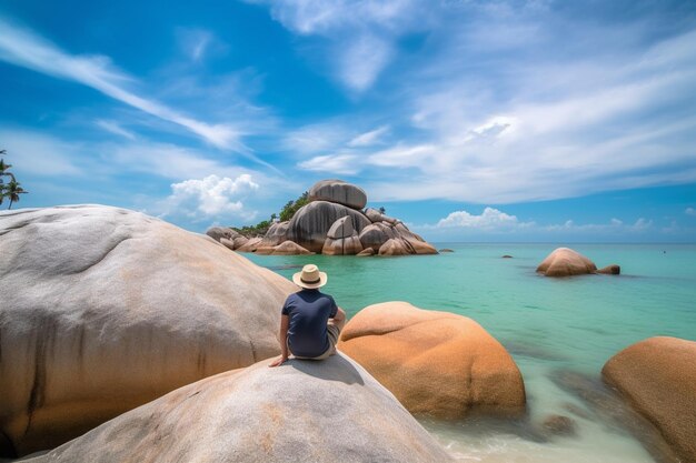 Foto turista sentado na rocha perto de avô e avô rocha hin ta e hin yai rochas na praia de lamai koh samui tailand