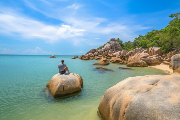 Turista sentado na rocha perto de avô e avô rocha hin ta e hin yai rochas na praia de lamai koh samui tailand