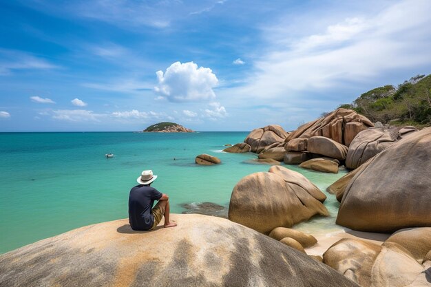 Turista sentado na rocha perto de avô e avô rocha hin ta e hin yai rochas na praia de lamai koh samui tailand