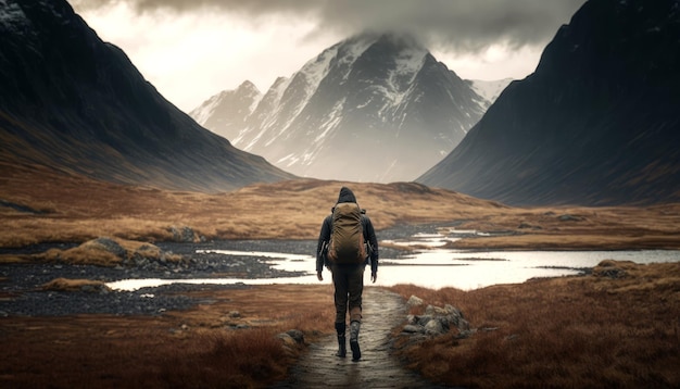 Turista solitário andando nas montanhas