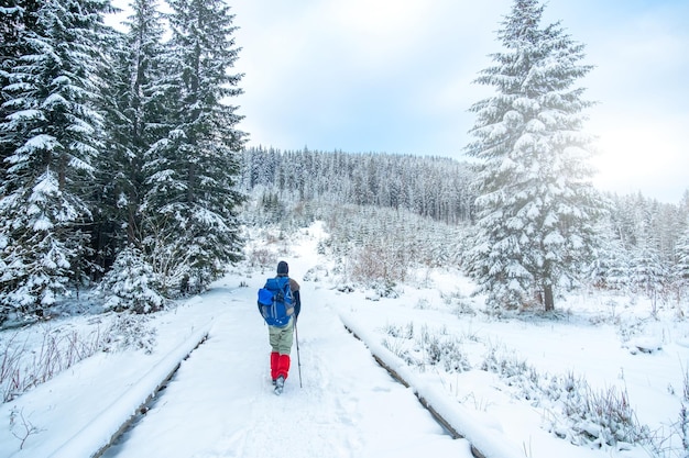 El turista solitario comienza a ascender la montaña nevada en la vista trasera de invierno