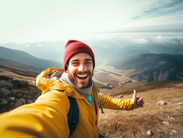 Turista tirando uma selfie com um vale ao fundo