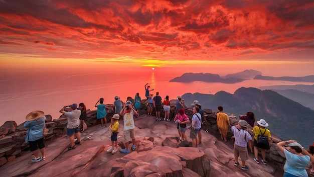 Foto el turista toma una foto en el punto de vista de phu sub lek al atardecer en lopburi, tailandia