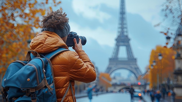 Un turista tomando fotografías de la Torre Eiffel