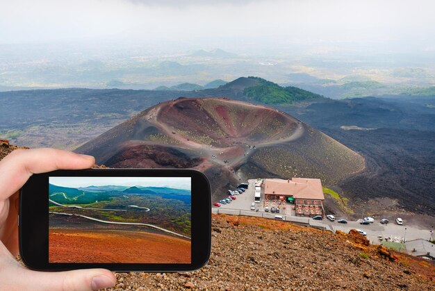 Turista tomando fotos de la estación Rifugio Sapienza