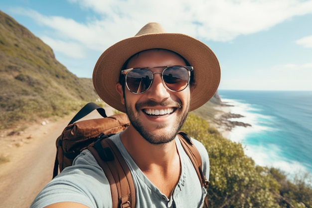 turista tomando una selfie en las vacaciones de verano