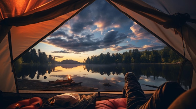 Turista tumbado dentro de su tienda con vistas a un lago