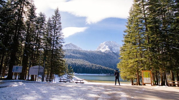 El turista viaja al fondo de las montañas nevadas. Lago de invierno con bosque de pinos y montañas.