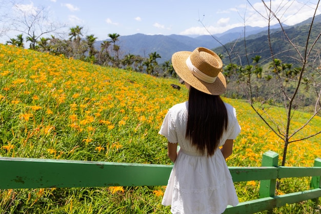 Una turista visita el campo de flores de lirio de día naranja en la montaña en Taimali de Taitung