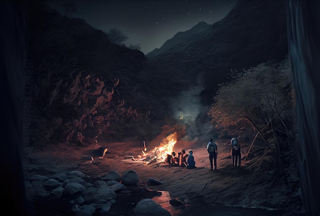 Turistas acampando entre el bosque y el lago con fondo de cielo nocturno estrellado Concepto de pasatiempos y ocio IA generativa