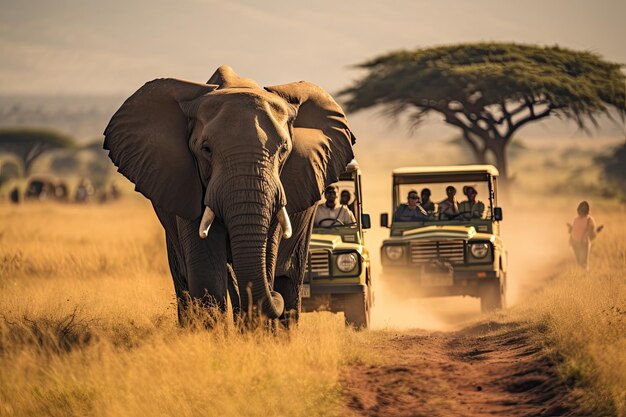 Foto turistas africanos de safari y elefantes en el parque nacional amboseli, kenia