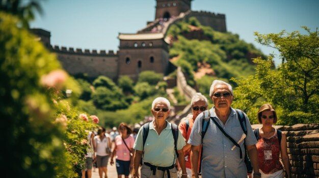 turistas asiáticos idosos visitando a Grande Muralha da China em Pequim China IA geradora