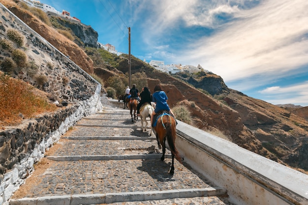 Los turistas en burros suben las escaleras, Fira, Santorini