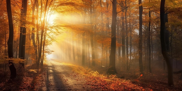 Los turistas caminando increíble bosque de otoño en la luz del sol de la mañana hojas rojas y amarillas en los árboles en el bosque paisaje del bosque dorado