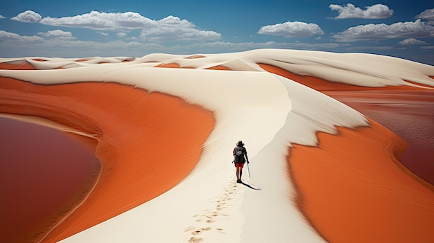 Turistas caminando sobre dunas de arena del desierto con vista aérea del río Rojo al atardecerGenerado con IA