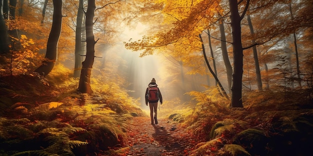 Turistas caminhando incrível floresta de outono na luz do sol da manhã folhas vermelhas e amarelas nas árvores na floresta paisagem florestal dourada