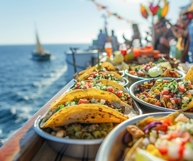 Turistas comiendo deliciosos tacos tradicionales mexicanos en un crucero