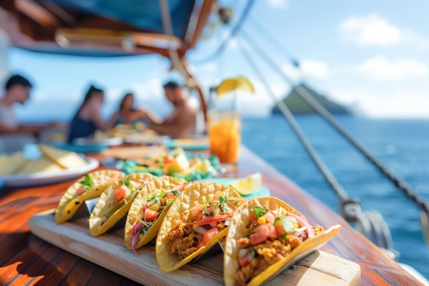 Turistas comiendo deliciosos tacos tradicionales mexicanos en un crucero