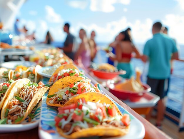 Turistas comiendo deliciosos tacos tradicionales mexicanos en un crucero