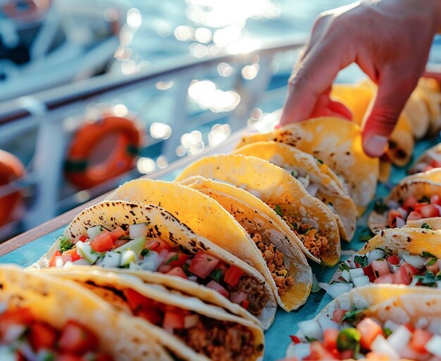 Turistas comiendo deliciosos tacos tradicionales mexicanos en un crucero