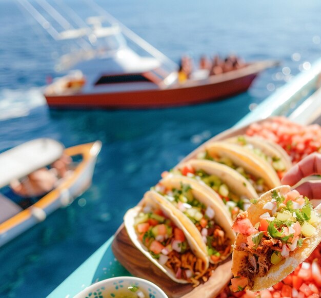 Turistas comiendo deliciosos tacos tradicionales mexicanos en un crucero