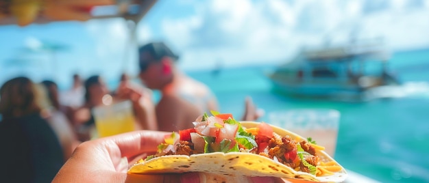 Turistas comiendo deliciosos tacos tradicionales mexicanos en un crucero