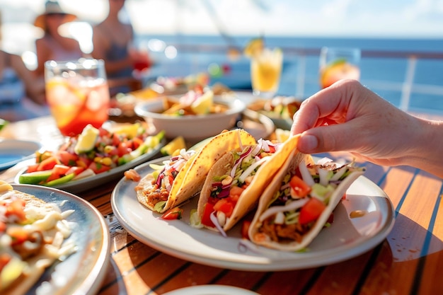 Turistas comiendo deliciosos tacos tradicionales mexicanos en un crucero