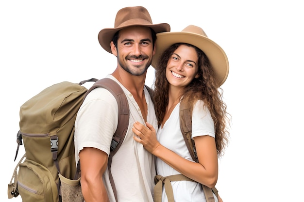 Turistas de casal feliz com mochilas isoladas em branco Viajantes masculinos e femininos Viagem de férias