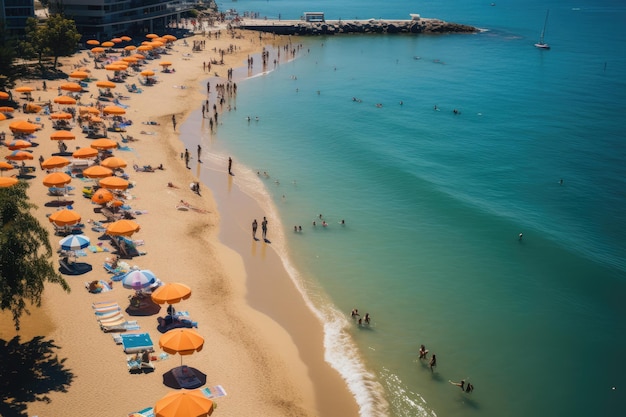 Los turistas disfrutan de la soleada playa y el mar azul generativo IA