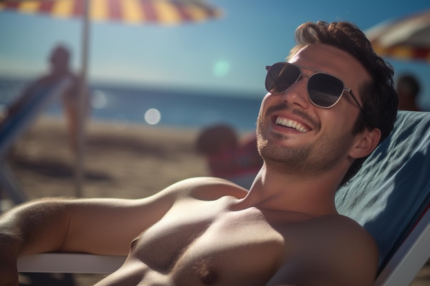 Foto turistas do sexo masculino a tomar banho de sol no solário no mar durante o dia com ia generativa