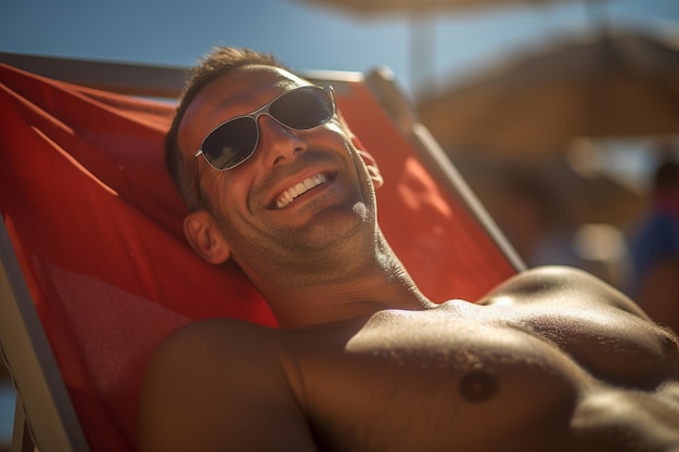 turistas do sexo masculino a tomar banho de sol no solário no mar durante o dia com IA generativa