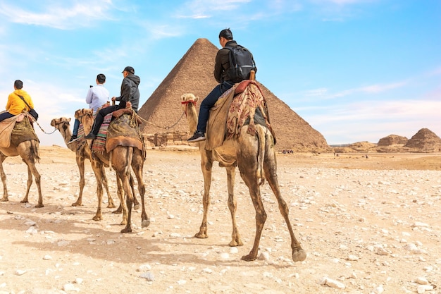 Turistas em camelos perto das Pirâmides de Gizé Egito