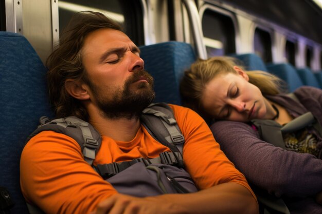 Turistas esgotados tirando uma soneca no trem e encontrando paz no sono