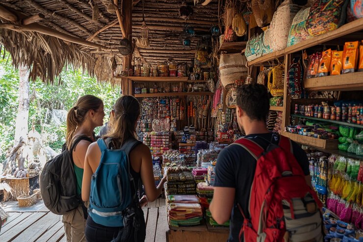 Turistas explorando un vibrante mercado local en un entorno tropical durante el día IA generativa
