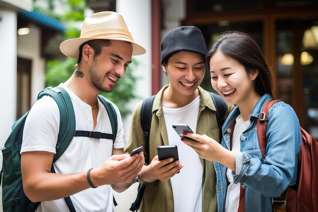 Foto turistas extranjeros disfrutando se ven felices con sus teléfonos inteligentes ia generativa