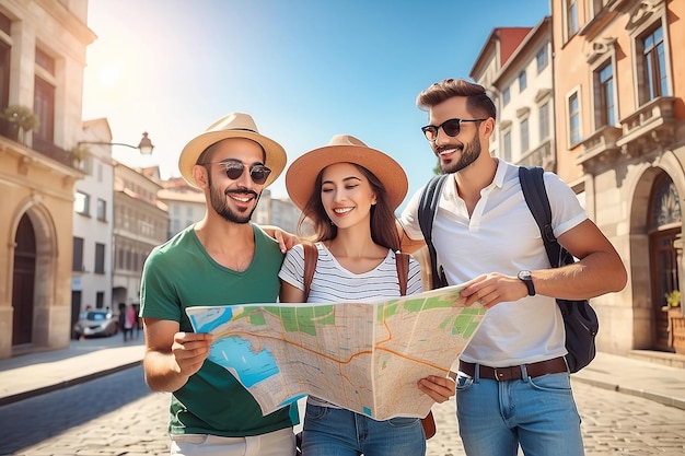 Turistas felices visitando la ciudad con un mapa