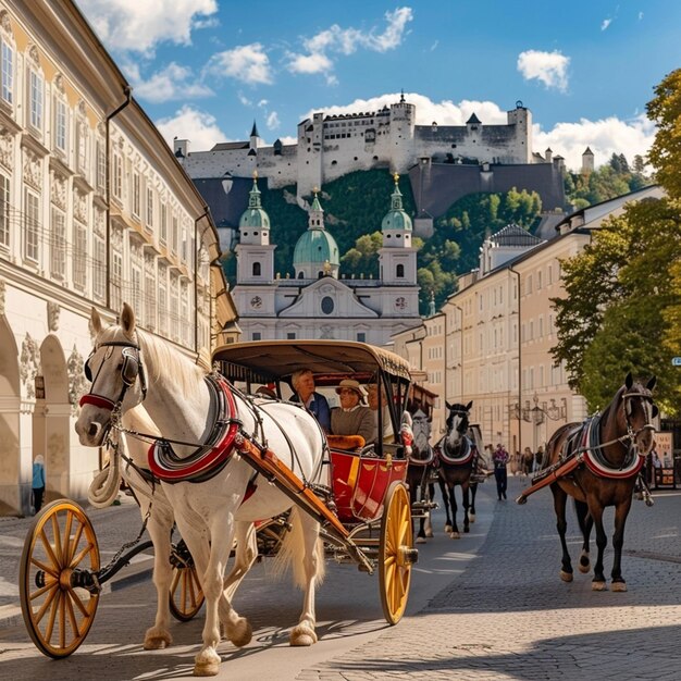 Turistas haciendo turismo en carruaje de caballos en Salzburgo, Austria