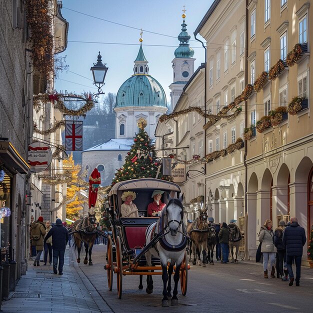 Foto turistas haciendo turismo en carruaje de caballos en salzburgo, austria