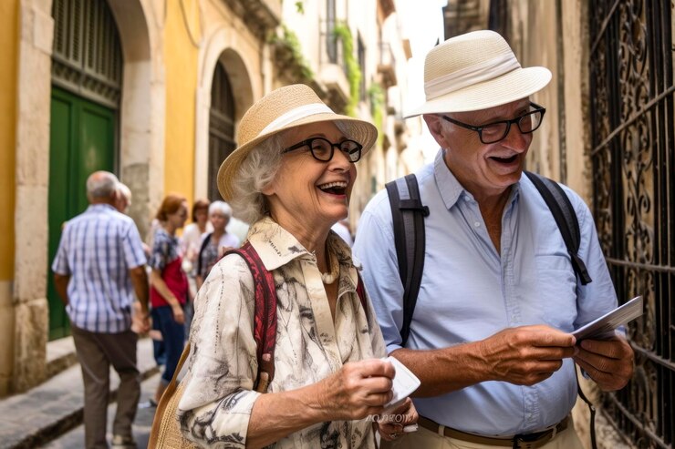 Turistas idosos exploram a cidade
