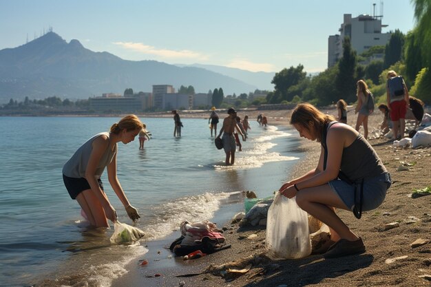 Turistas limpando praia de resíduos plásticos Criado com IA Generativa