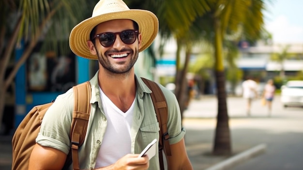 Foto turistas masculinos atraentes na mão têm um passaporte e mochila óculos de sol e cabana na cabeça