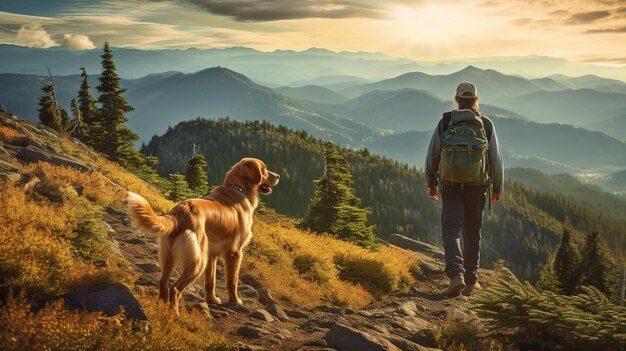 Turistas con mochilas caminan tranquilamente por la cima de la montaña